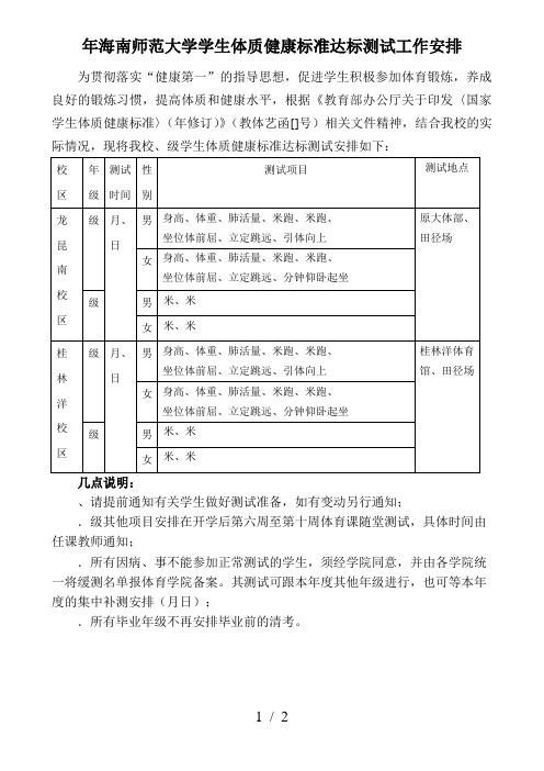 海南师范大学学生体质健康标准达标测试工作安排