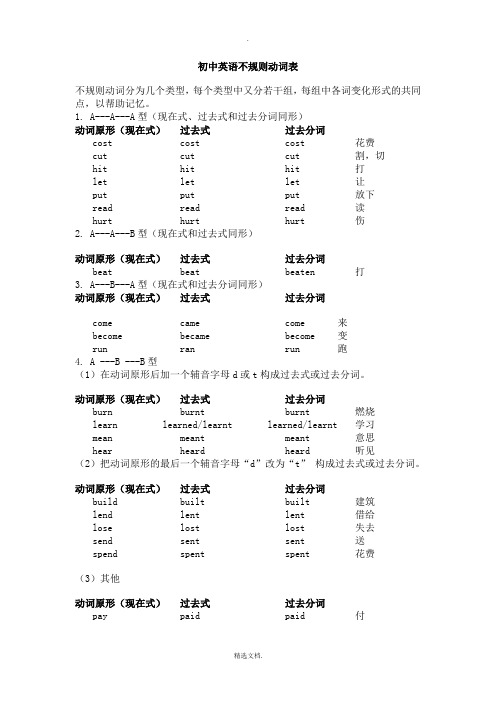 初中英语动词不规则变化表