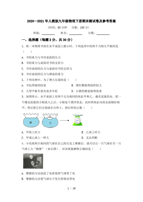 2020—2021年人教版九年级物理下册期末测试卷及参考答案