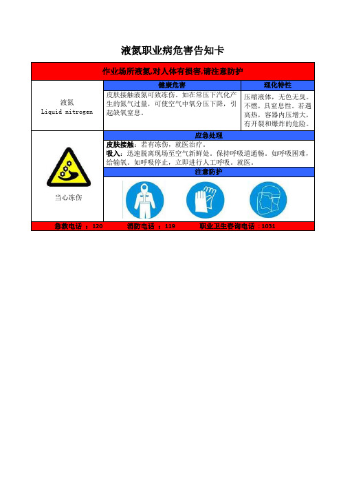 液氮职业病危害告知卡