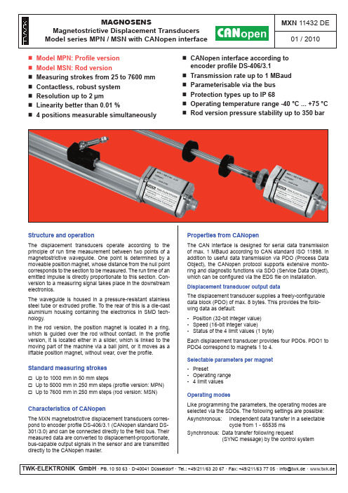 twk-elektronik 磁致伸缩位移传感器 mpn msn 系列 canopen 接口用户手册