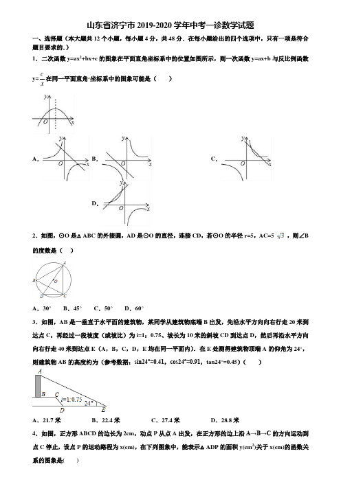 山东省济宁市2019-2020学年中考一诊数学试题含解析