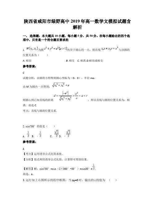 陕西省咸阳市绿野高中2019年高一数学文模拟试题含解析