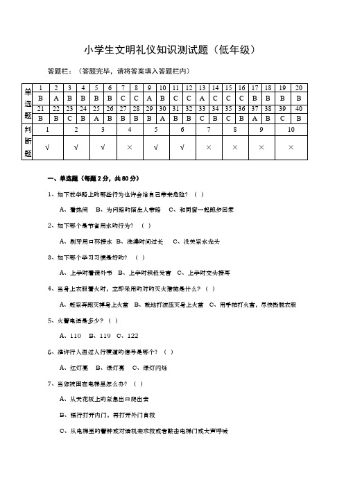 2022年小学生文明礼仪知识测试题低年级