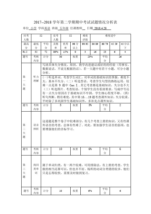 五年级英语期中考试试题情况分析表