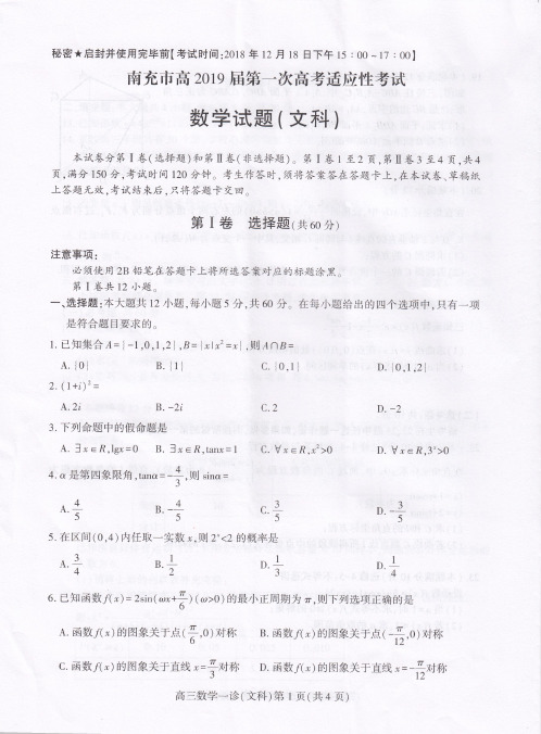 四川省南充市2019届高三第一次高考适应性性考试 数学(文)试题(含答案)