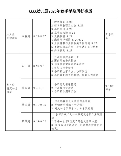 幼儿园2023年秋季学期每周行事历