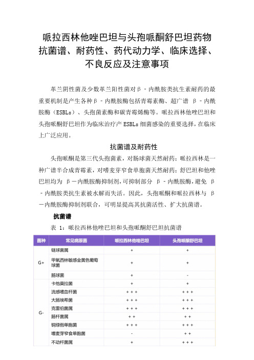 哌拉西林他唑巴坦与头孢哌酮舒巴坦药物抗菌谱、耐药性、药代动力学、临床选择、不良反应及注意事项