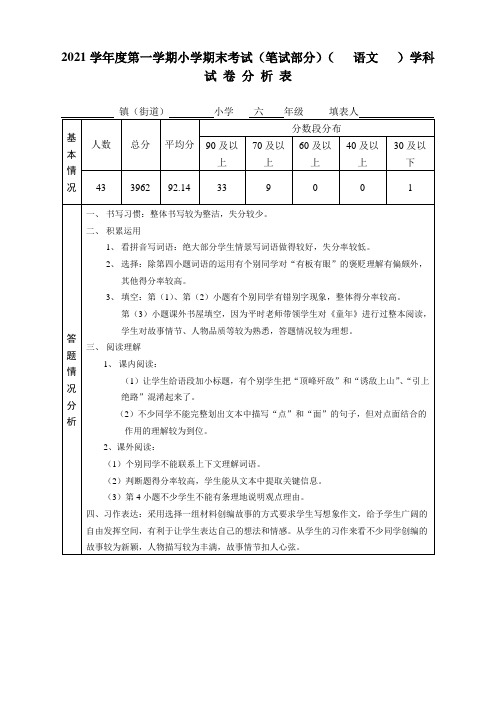 2021学年第一学期六年级语文期末试卷分析表