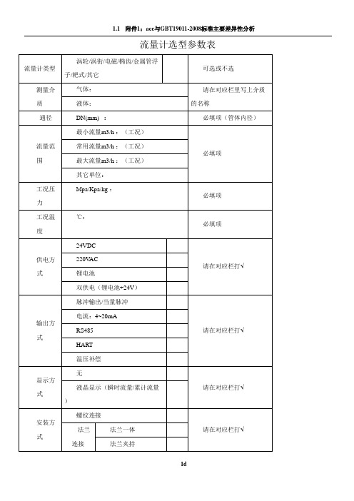 流量计选型参数表