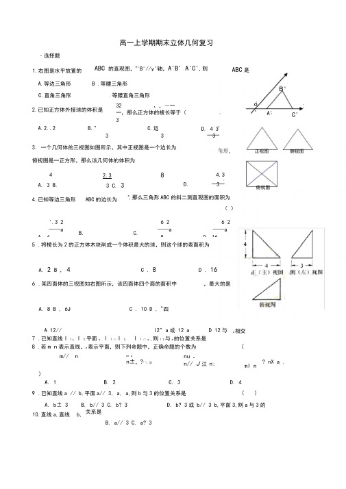 高一上数学期末立体几何专题复习