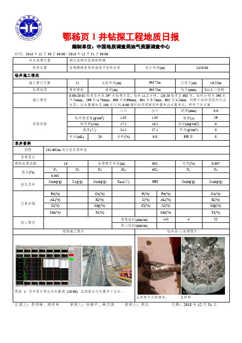 鄂秭页1井钻探工程地质日报