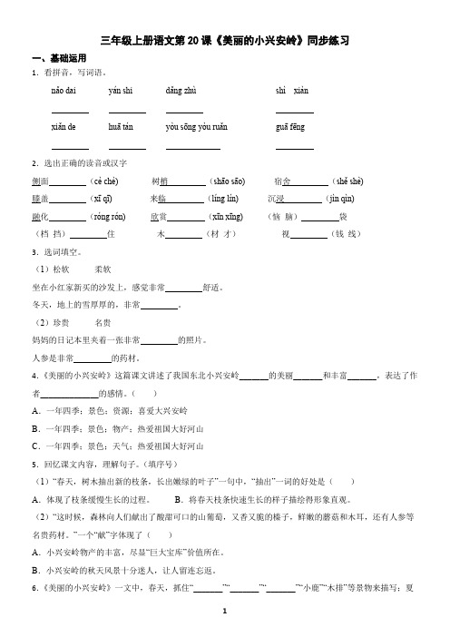 三年级上册语文第20课《美丽的小兴安岭》同步练习(含答案)
