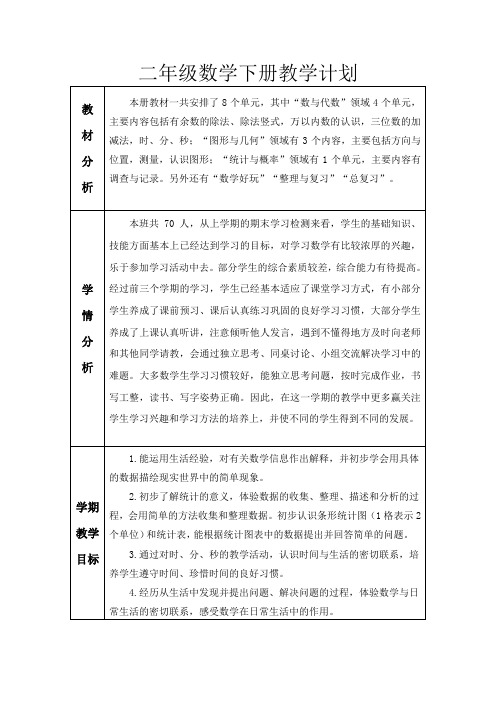 二年级数学下册教学计划 教学进度表