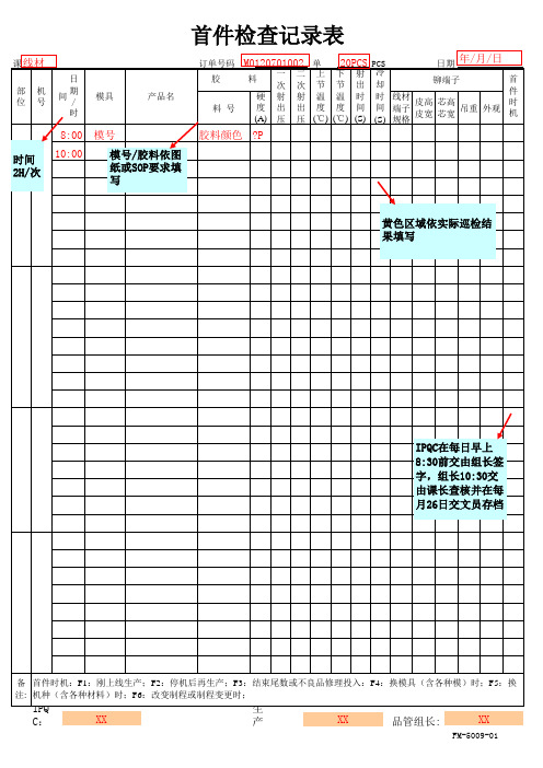 线缆行业品质部门数据线首件检查记录表