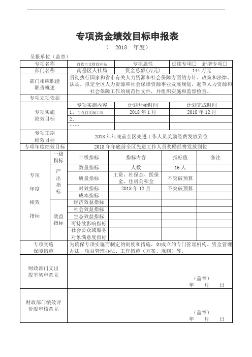 专项资金绩效目标申报表