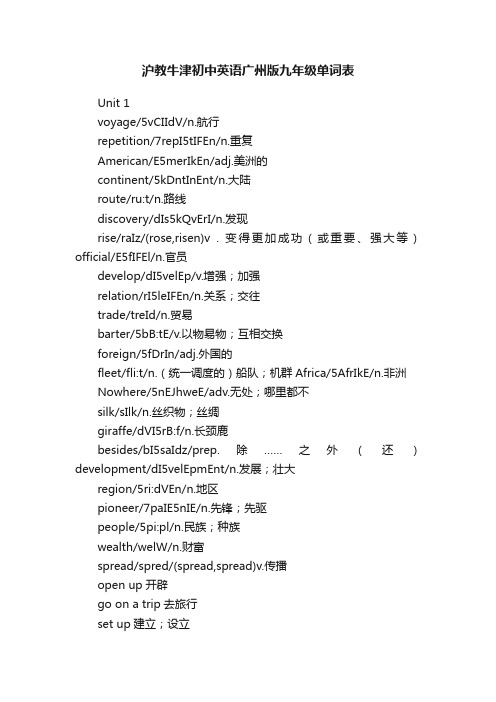 沪教牛津初中英语广州版九年级单词表