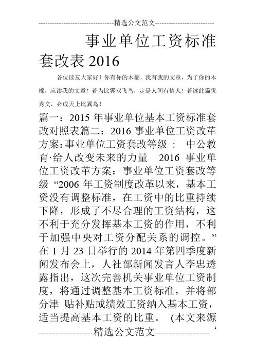 事业单位工资标准套改表2016