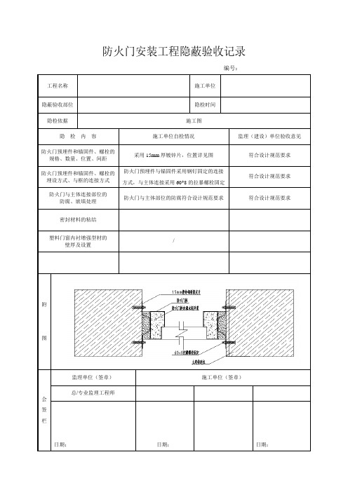 防火门安装工程隐蔽验收记录