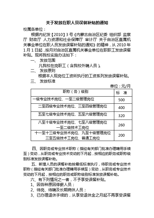 关于发放在职人员误餐补贴的通知