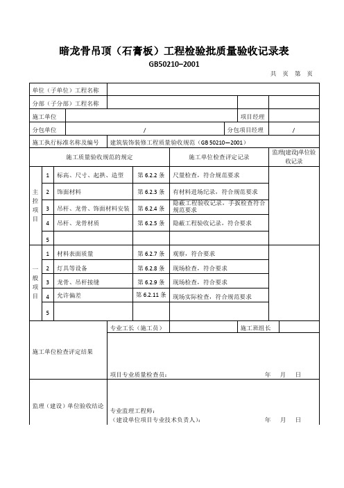 暗龙骨吊顶(石膏板)工程检验批质量验收记录表