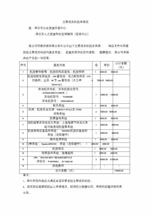 主要成交标的承诺函