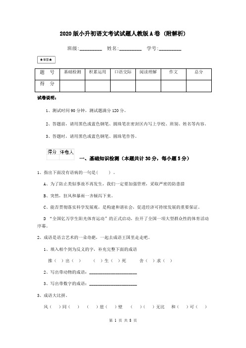 2020版小升初语文考试试题人教版A卷 (附解析)