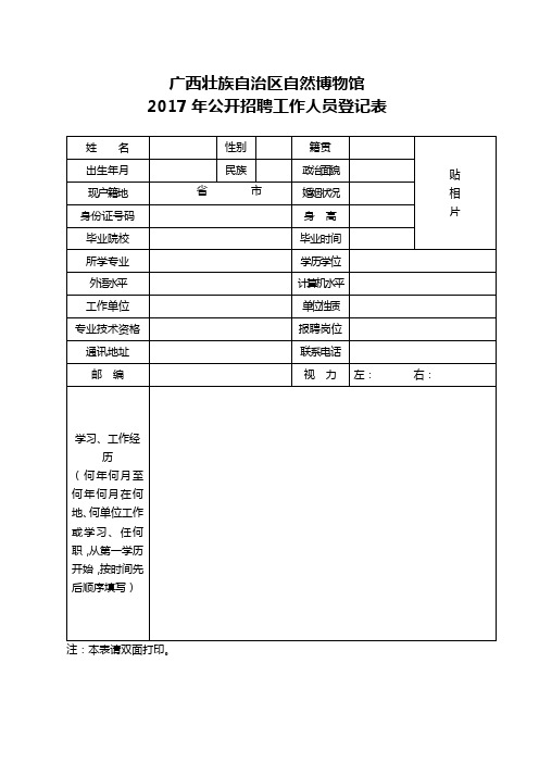 广西壮族自治区自然博物馆2017年公开招聘工作人员登记表【模板】