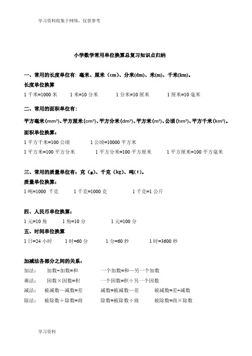 小学(1-5年级)数学常用单位换算总复习知识点归纳