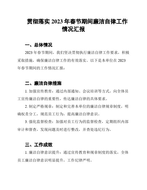 贯彻落实2023年春节期间廉洁自律工作情况汇报