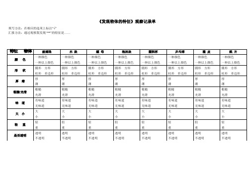 教科版小学一年级科学下《发现物体的特征》观察记录单