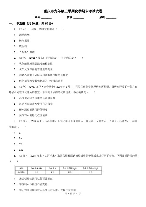 重庆市九年级上学期化学期末考试试卷