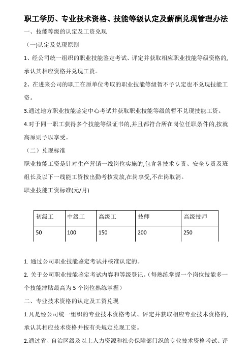 职工学历、专业技术资格、技能等级认定及薪酬兑现管理办法