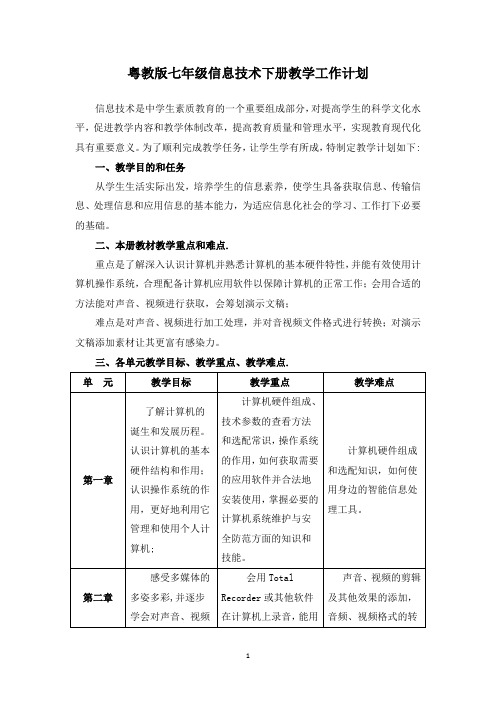 粤教版七年级下册信息技术教学工作计划