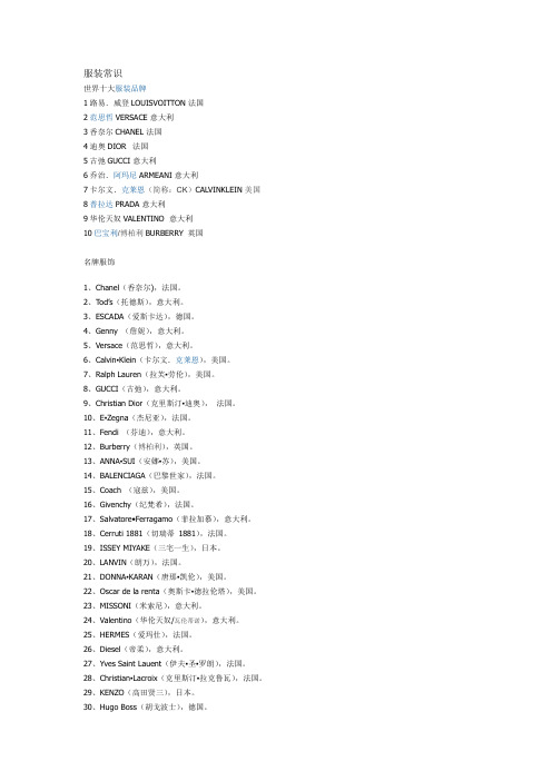 部分名牌服装名字及中译