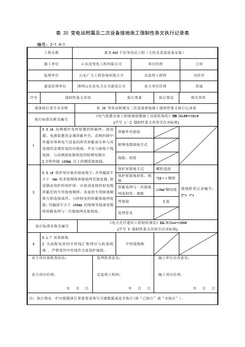 8表 20 变电站附属及二次设备接地施工强制性条文执行记录表