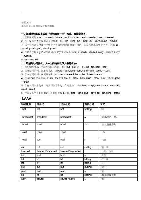 英语常用不规则动词表完整版打印版