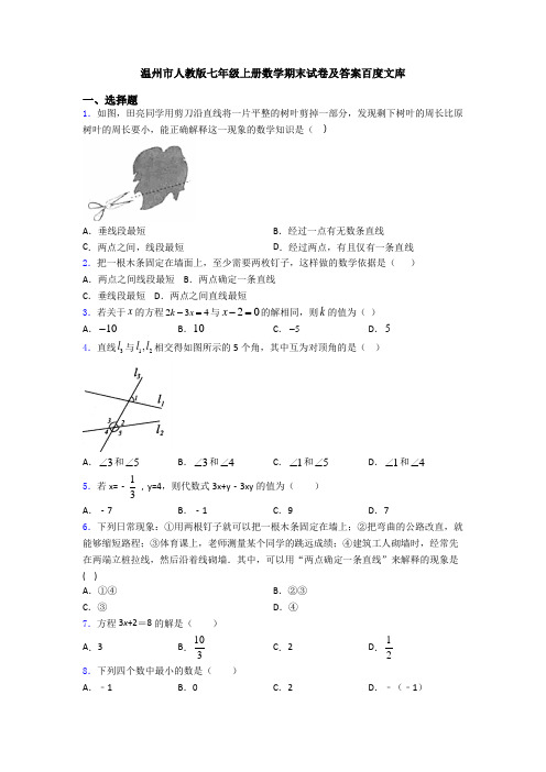 温州市人教版七年级上册数学期末试卷及答案百度文库