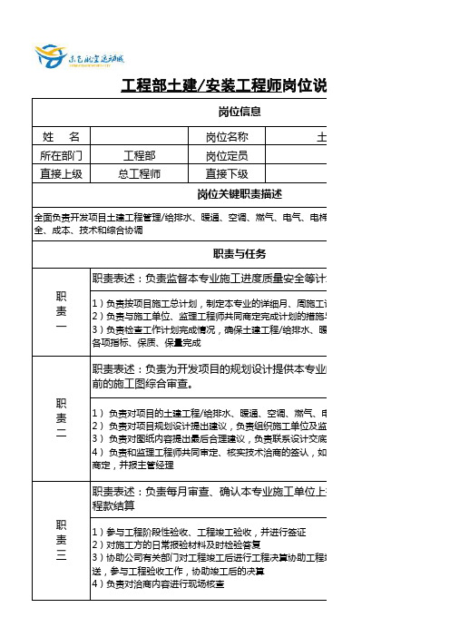 工程部土建、安装工程师岗位说明书