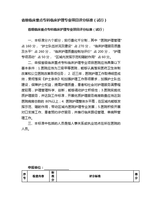 省级临床重点专科临床护理专业项目评分标准（试行）