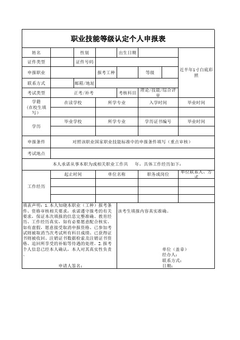 职业技能等级认定个人申报表