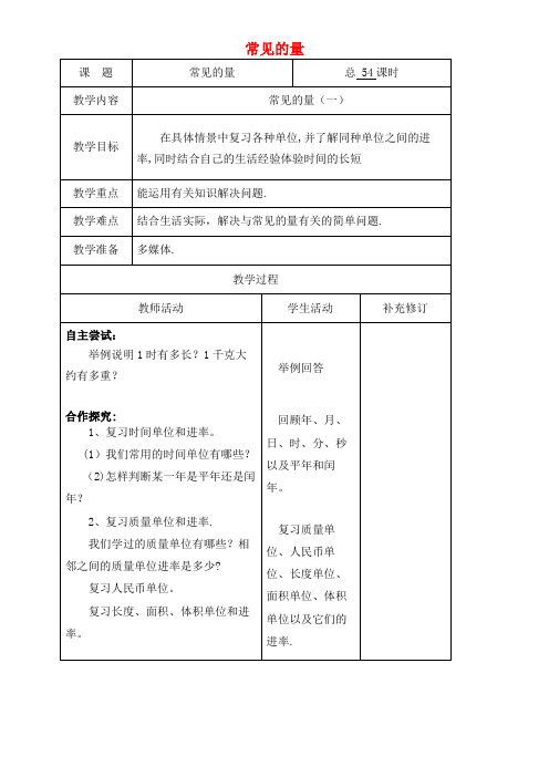 六年级数学下册总复习常见的量(一)教案北师大版(最新整理)