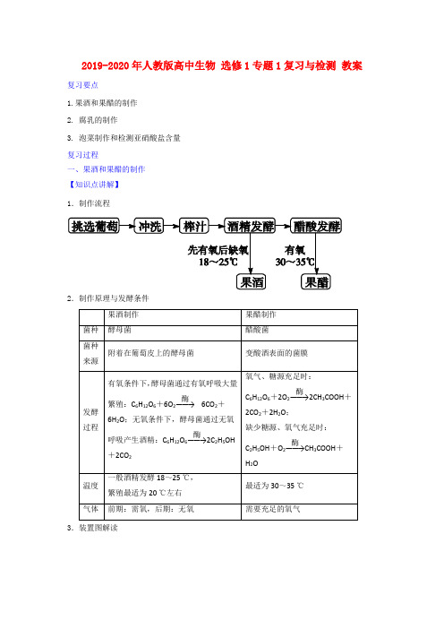 2019-2020年人教版高中生物 选修1专题1复习与检测 教案