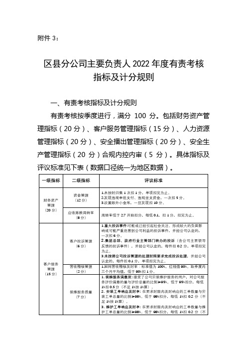 X公司主要负责人2022年度有责考核指标及计分规则