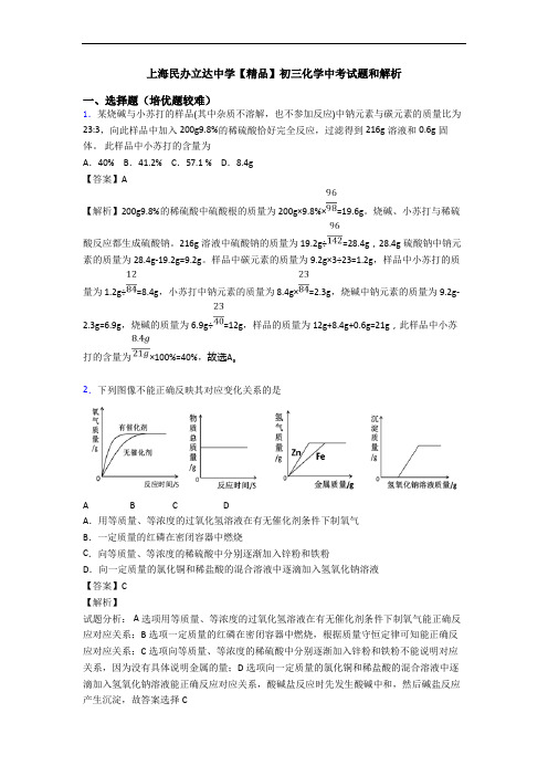 上海民办立达中学【精品】初三化学中考试题和解析