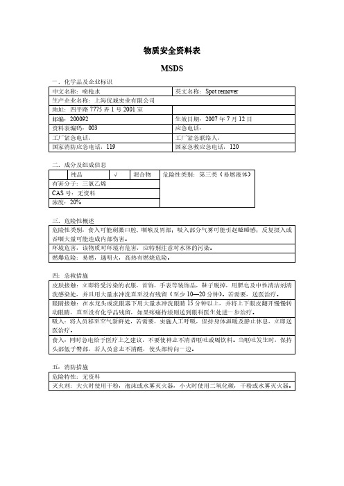 枪水(三氯乙烯)-MSDS资料