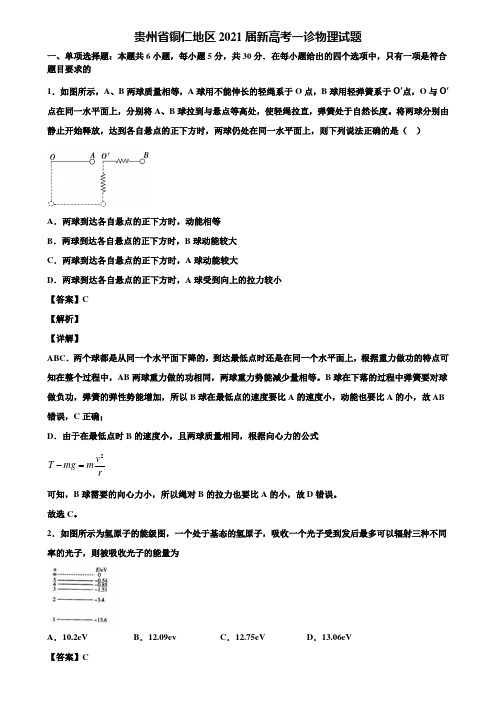 (含5套模拟卷)贵州省铜仁地区2021届新高考一诊物理试题含解析