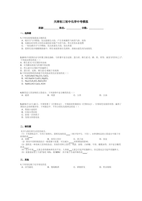 天津初三初中化学中考模拟带答案解析
