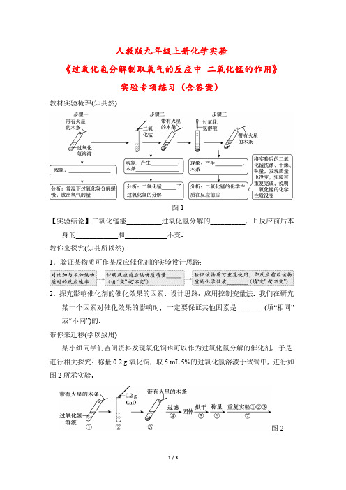 人教版九年级上册化学实验《过氧化氢分解制取氧气的反应中 二氧化锰的作用》实验专项练习(含答案)