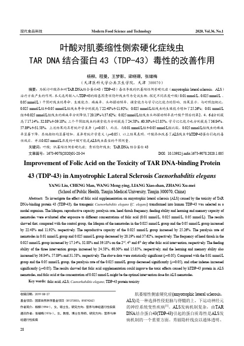 叶酸对肌萎缩性侧索硬化症线虫tar dna结合蛋白43(tdp-43)毒性的改善作用